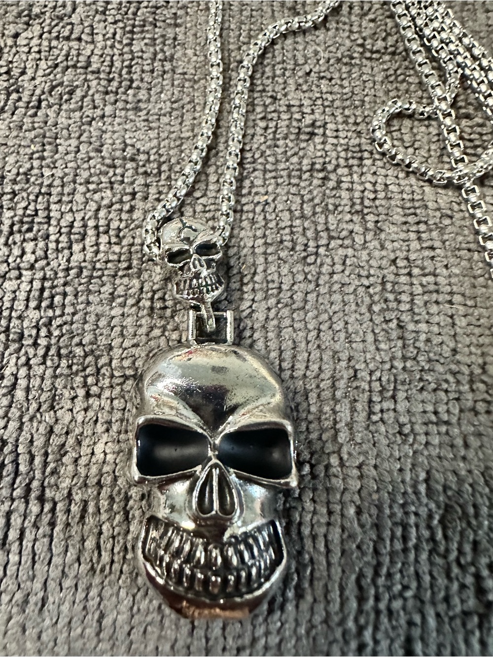 Men's Silver Skull Pendant Necklace with Black Eye Accents